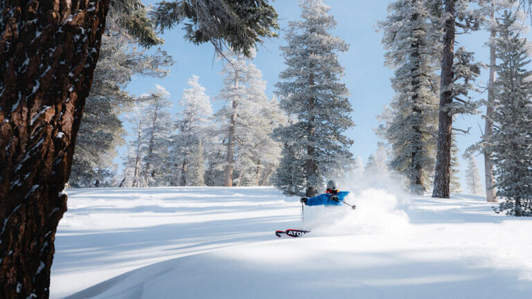 skier in fresh powder at heavenly ski resort