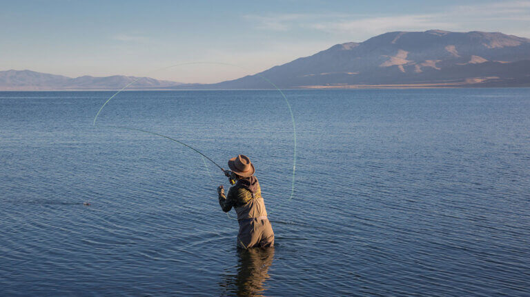 fly fisher at pyramid lake outside reno sparks nevada