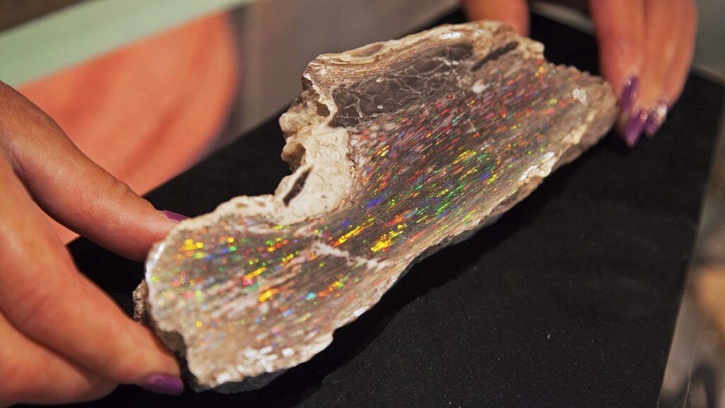 A person with purple-painted nails holds a large, rough opal rock displaying vibrant, rainbow-colored iridescent streaks on its surface.