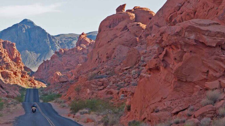 motorcyclist at valley of fire state park
