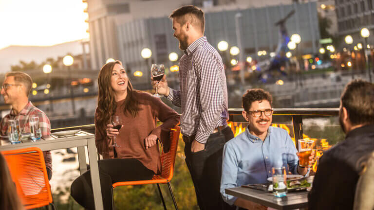 woman and man talking at outdoor patio in renaissance