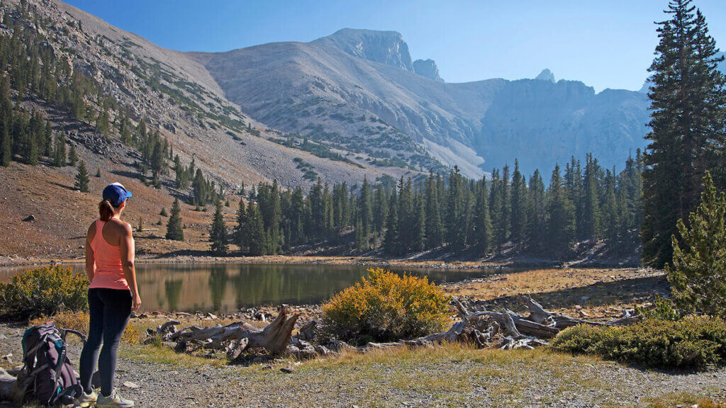 girl looking at wheeler peak, great basin national park