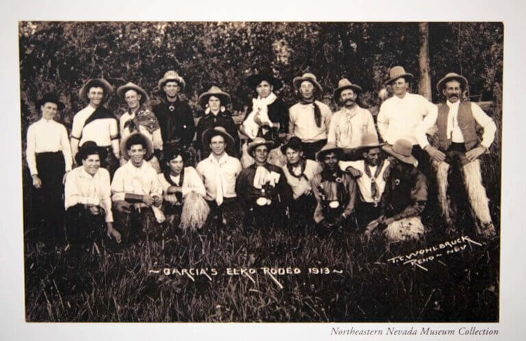 black and white image of cowboys at garcias elko rodeo