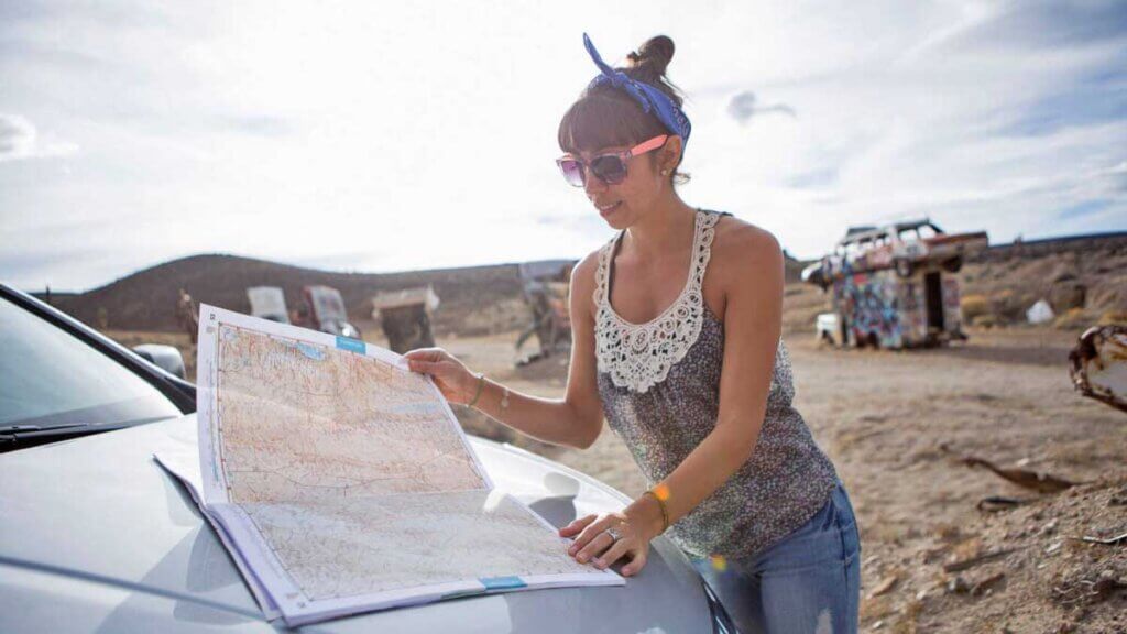 woman looking at nevada map