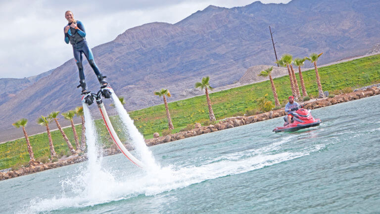 someone riding a water jet pack