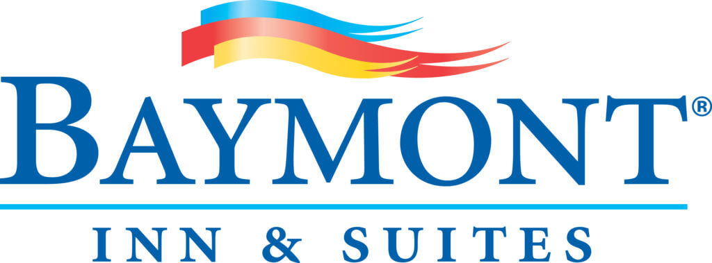 Baymont Inn & Suites logo with BAYMONT in large blue letters and INN & SUITES below it. Above the text are wavy red, yellow, and blue lines resembling a flag or ribbon.