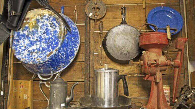 pots and pans on wall