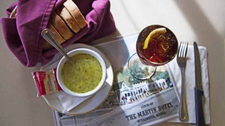 soup and a beverage at the martin hotel