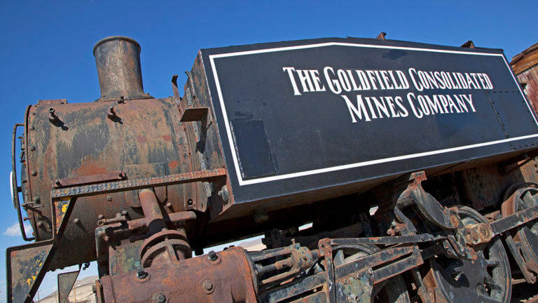 locomotive outside goldfield railroad yard