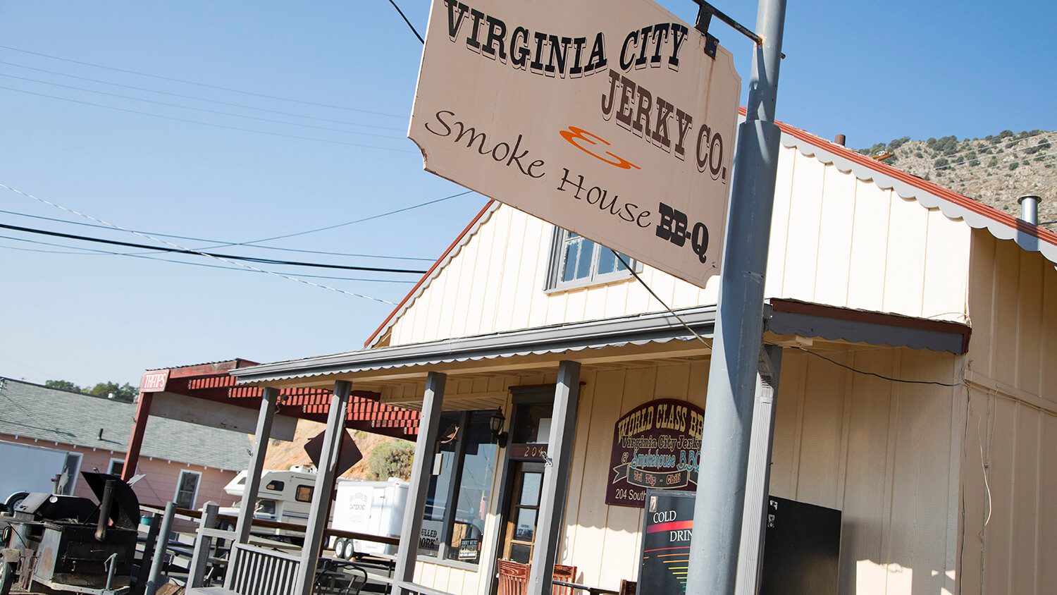 outside sign for virginia city jerky company