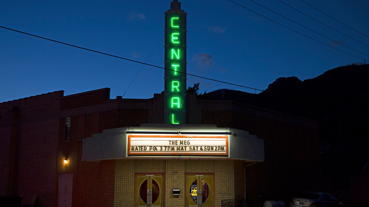 outside of the historic central theater at night