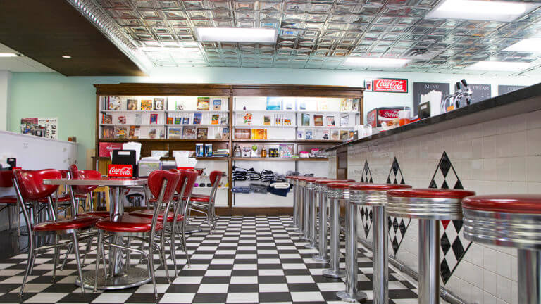 old fashioned bar stools and checkered floor