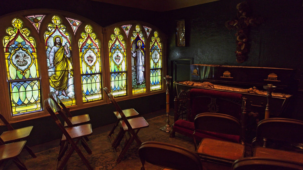 viewing room with stained glass windows inside zak bagans haunted museum