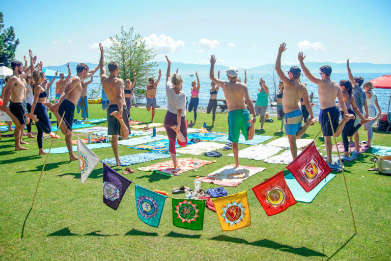 yoga with view of lake tahoe