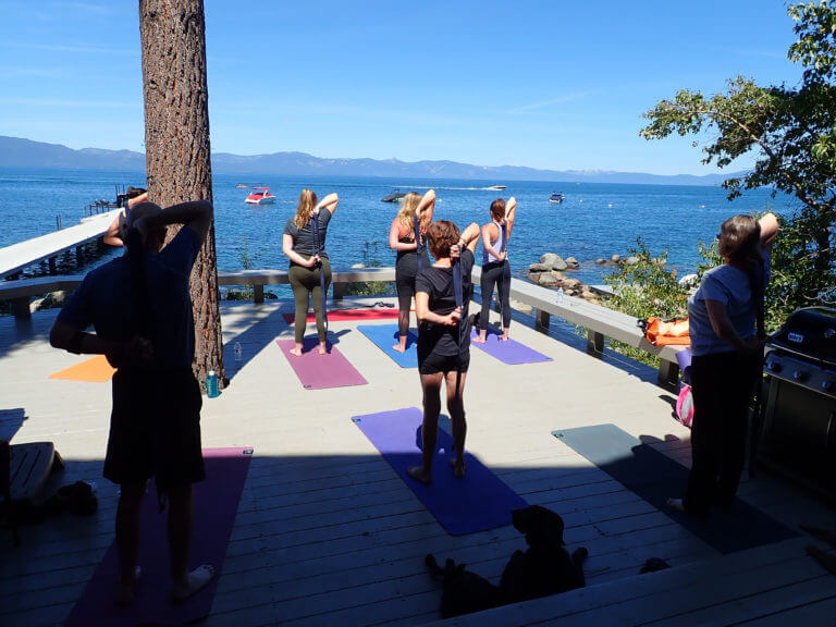 yoga with view of lake tahoe