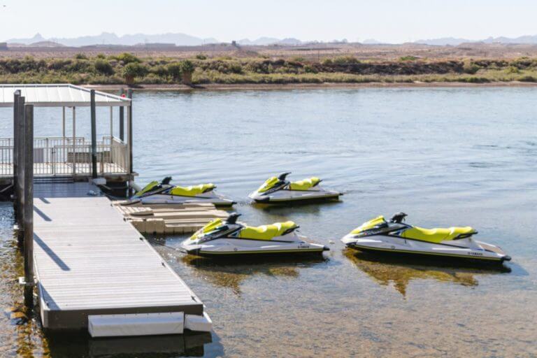docked jet skis at rocky river adventure center