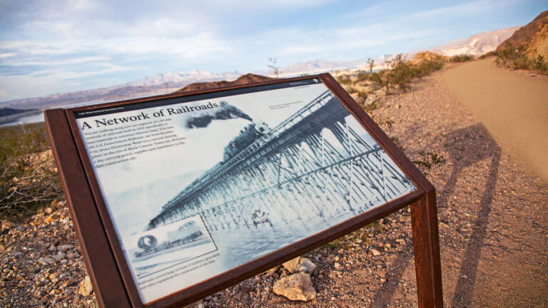 history sign about rail roads in lake mead