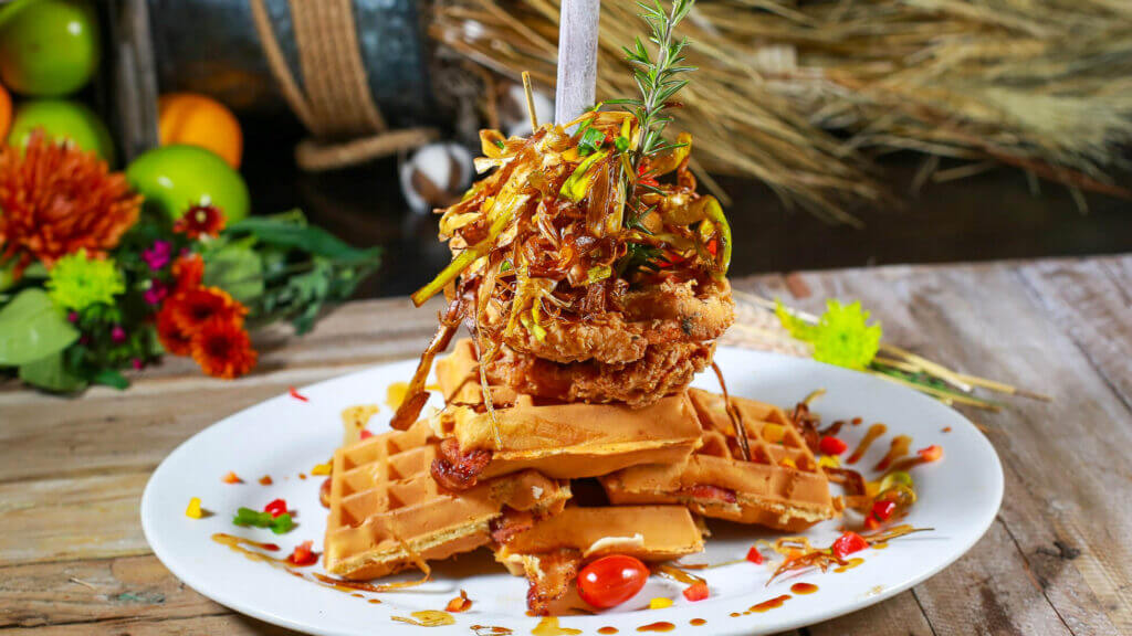 chicken and waffle stack at hash house a go go 