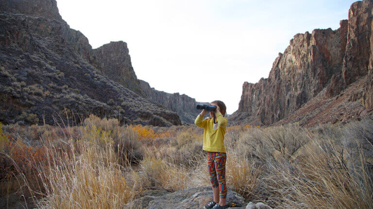 young girl views high rock canyon with a pair of binoculars