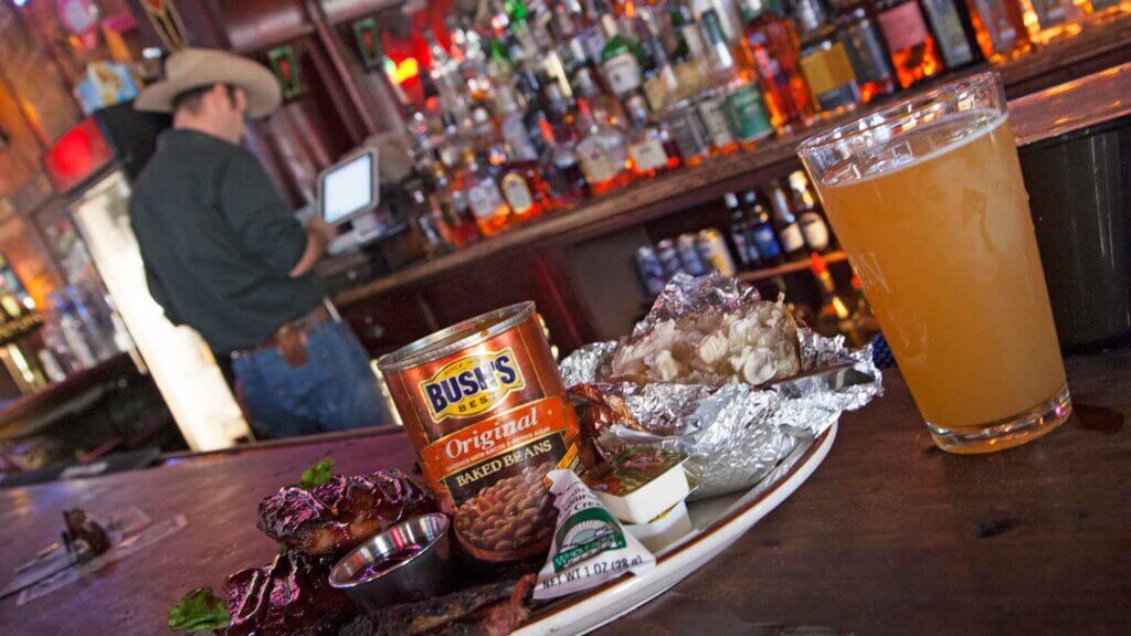 bushes beans can and a beer at the pioneer saloon