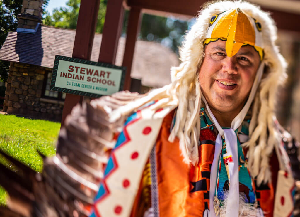 man dressed for the stewart fathers day pow wow