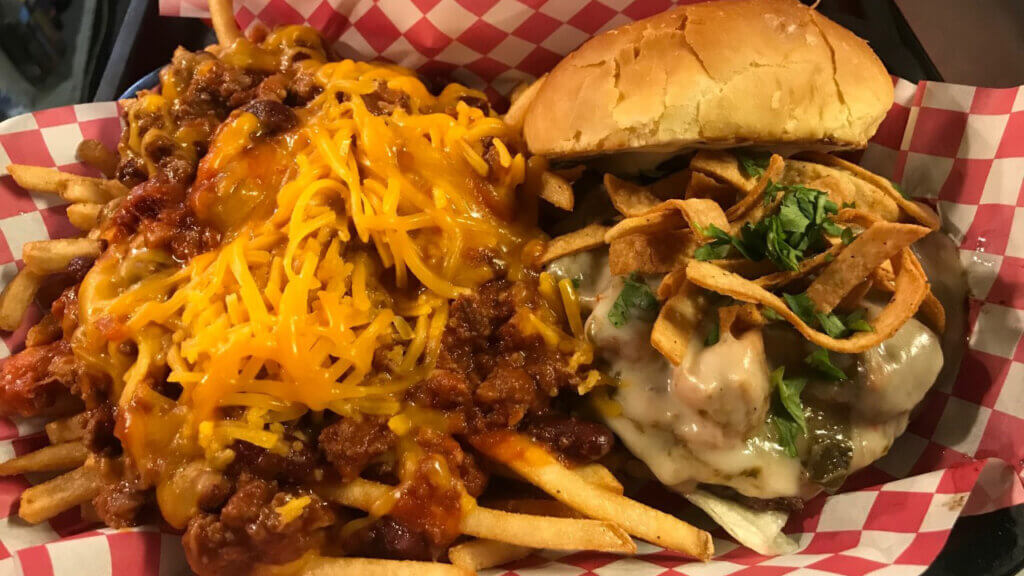 Burger and chili cheese fried at Beefy's