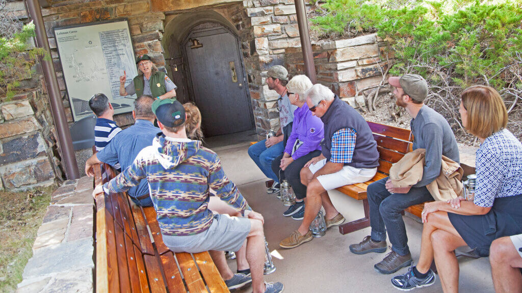 group waiting outside the lehman cave tour