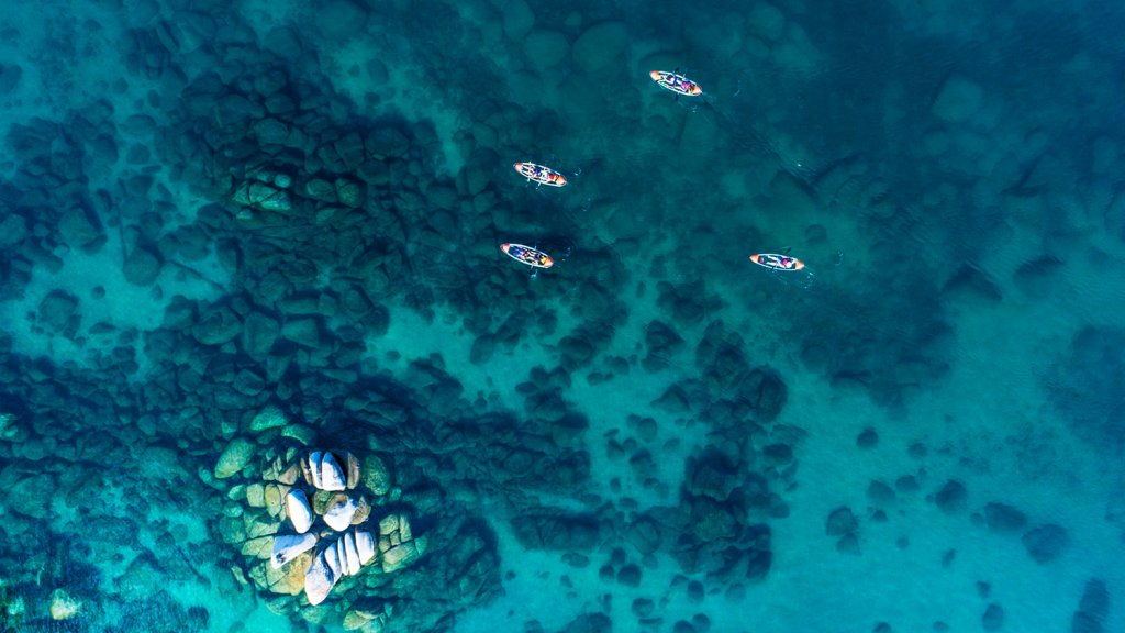 aerila view of kayaks on lake tahoe