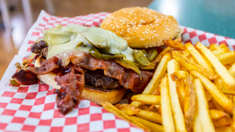 burger and fries at the historic silver cafe