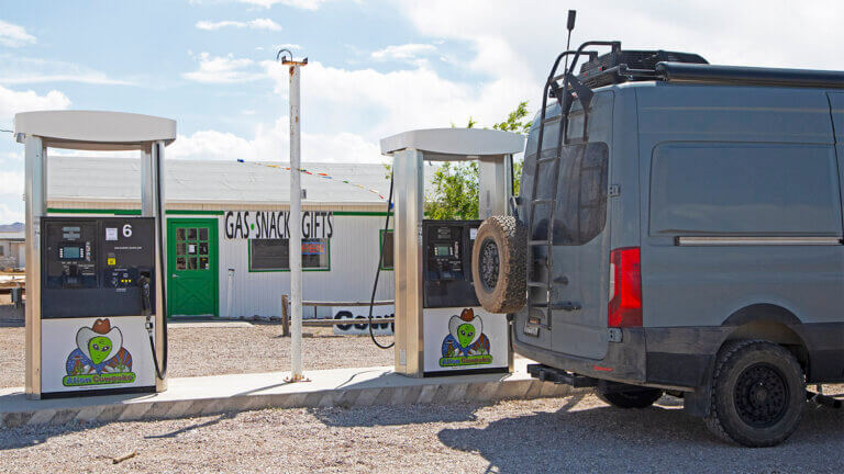 van filling gasoline at alien cowpoke gasoline and general store