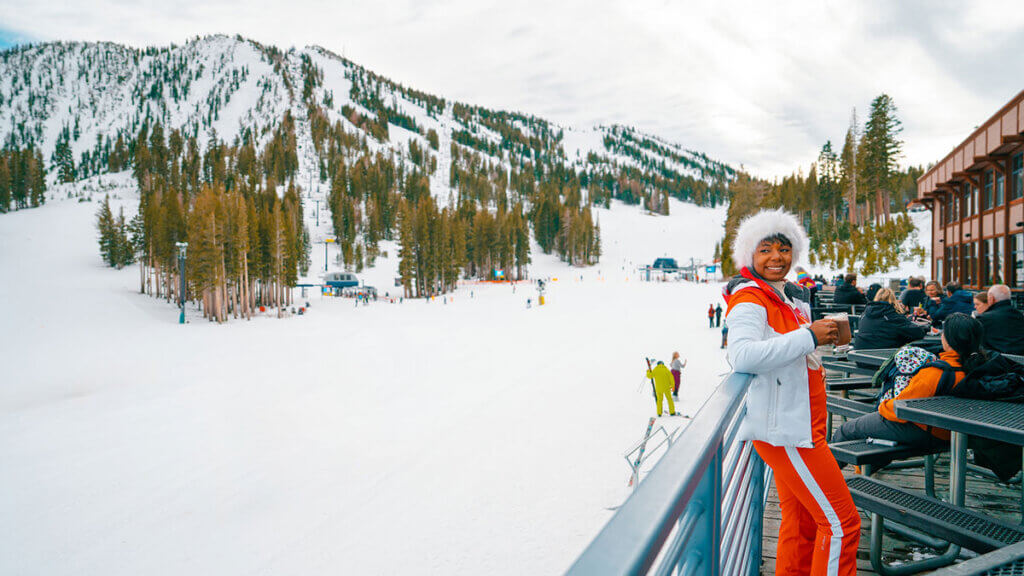 woman on a deck at mt rose ski tahoe in north lake tahoe