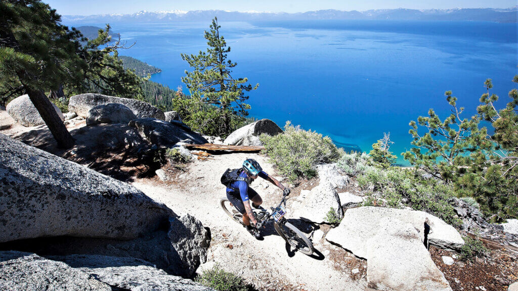 mountain biker on the lake tahoe flume trail