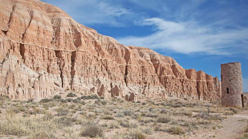 historic building by cathedral gorge mountain range