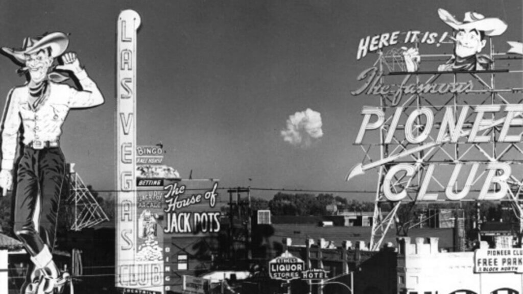 atomic blasts at nevada test site seen from historic Fremont street