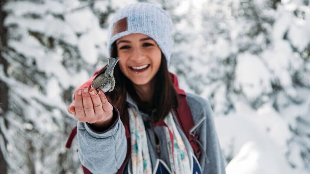 woman holding a bird in chickadee ridge at mt rose meadows