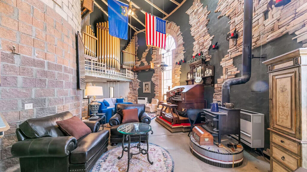 living room and pipe organ inside the hard luck castle goldfield nevada