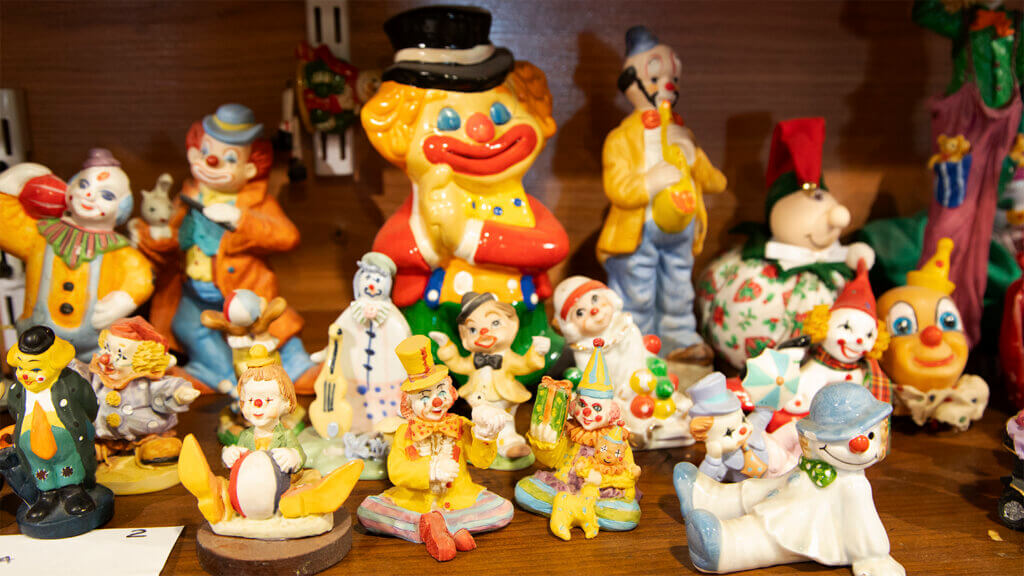 Clown Motel figurines — including Hame's first and fave