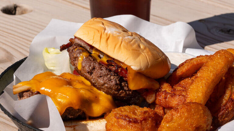 burger and onion rings at roadrunner cafe in dayton nevada