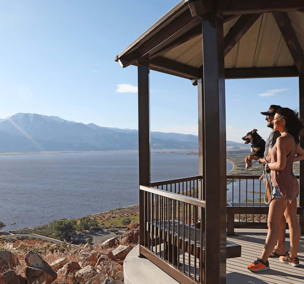a couple and their dog enjoy the view of washoe lake from bowers mansion