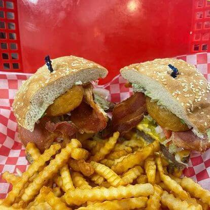 Fries and burger at Woody's Burger Shack