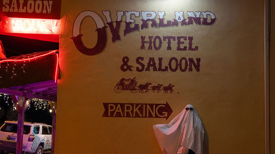 ghost outside the overland hotel and saloon in pioche nevada