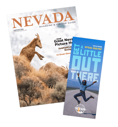 nevada state map and cover image of fall winter 2026 issue of nevada magazine and visitor guide