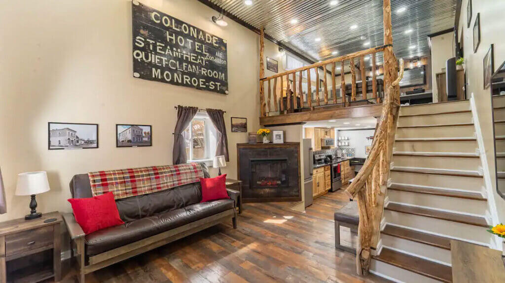 interior of the rustic loft at colonnade hotel in eureka nevada