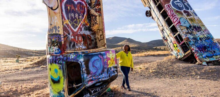 woman at car forest nevada attraction