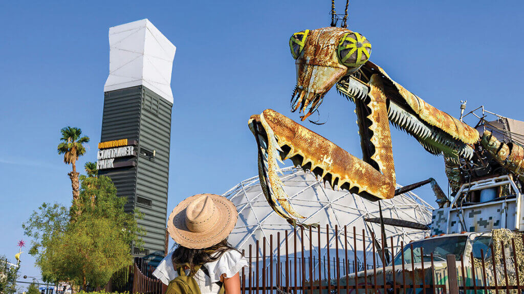 praying mantis burning man sculpture at the downtown container park in las vegas nevada