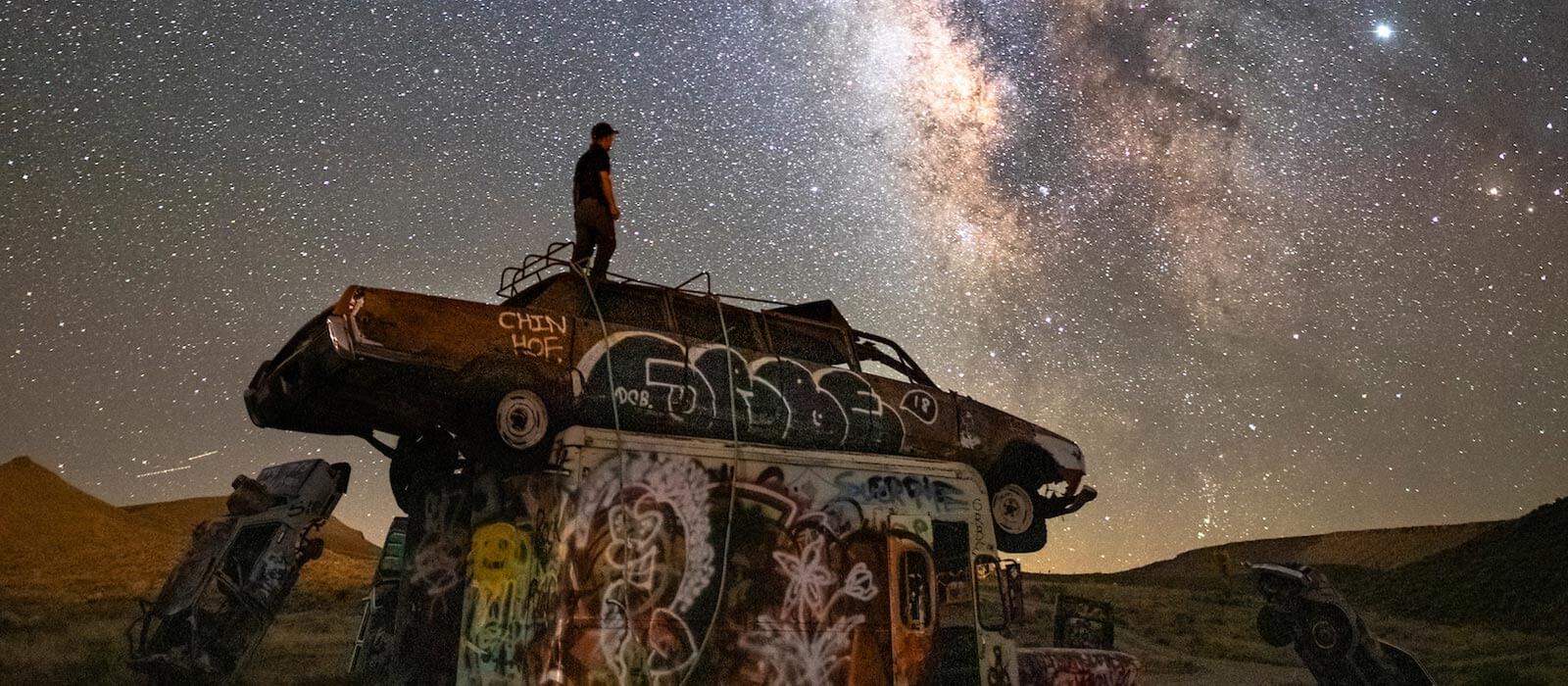 stargazing at the international car forest in goldfield nevada