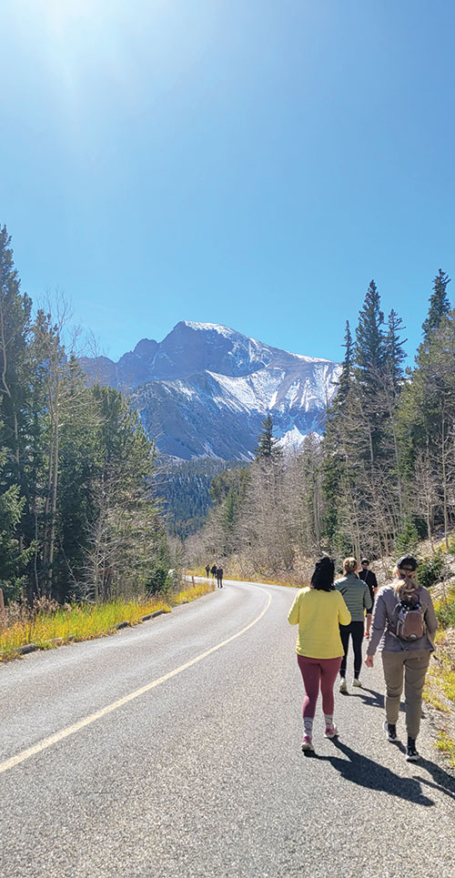 A group of people walk along the side of the paved road toward Bristlecone-Alpine Lakes Trail, in Great Basin National Park
