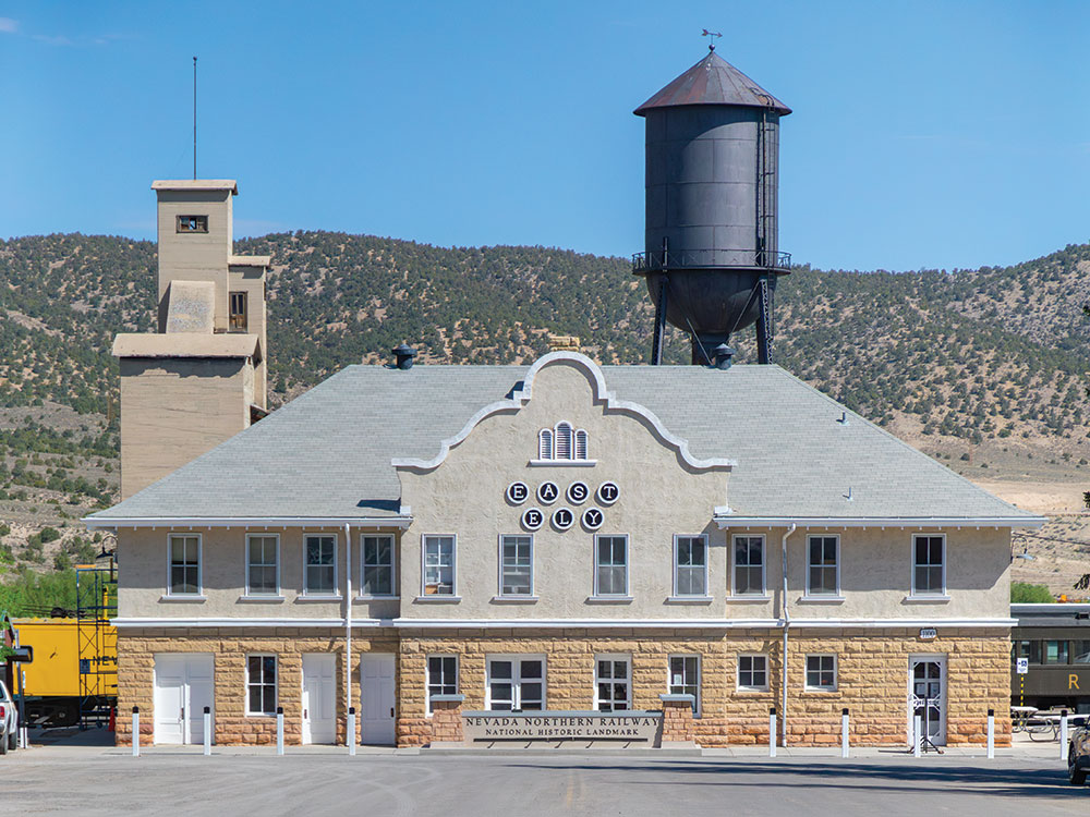 An exterior photo of the East Ely Railroad Depot, and Nevada Northern Railway National Historic Landmark