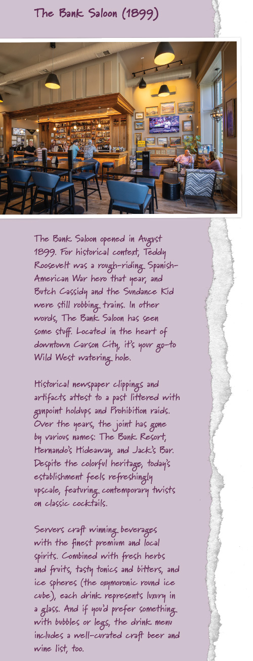 Sidebar about The Bank Saloon, shows the inside of the establishment. Rich wood bar area, historic artwork on the wall, many tables for seating, and people enjoying drinks and conversation.