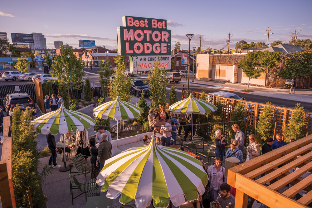 Crowd gathered at an event at the Best Bet Motor Lodge in Reno.